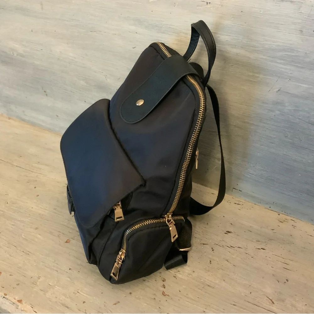 Black Satin Faux‎ Leather Backpack Bag Purse 8x13x4 Like New